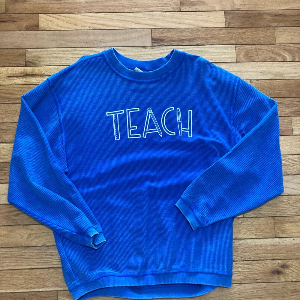 Beautiful Blue TEACH corded pullover